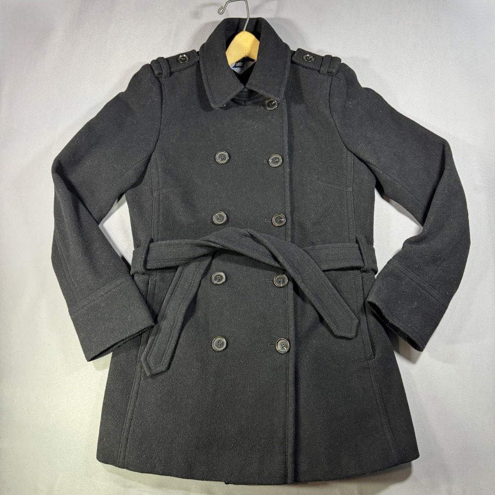 Tommy Hilfiger Women Black Wool Blend Double Breasted Pea Coat Belted Size 4